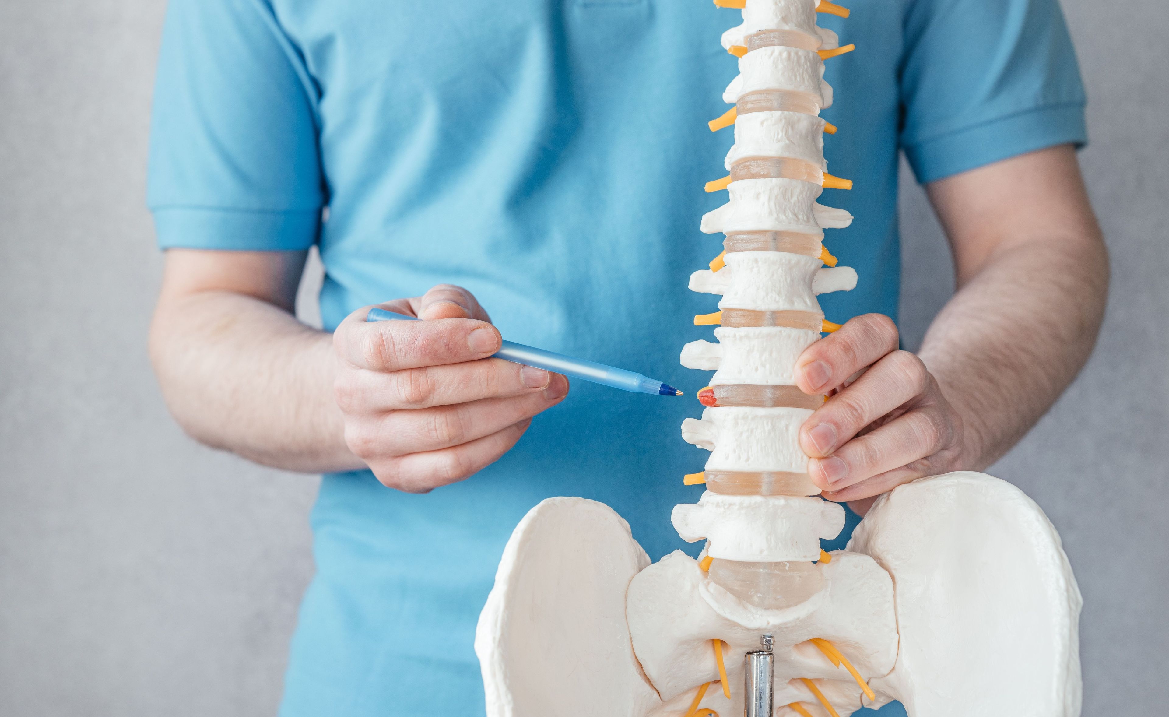 Surgeon indicating areas of spine where lumbar fusion surgery takes place