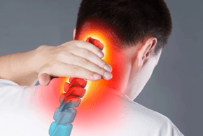 Man touching neck, pain is highlighted in the red colored cervical spine under his hand.